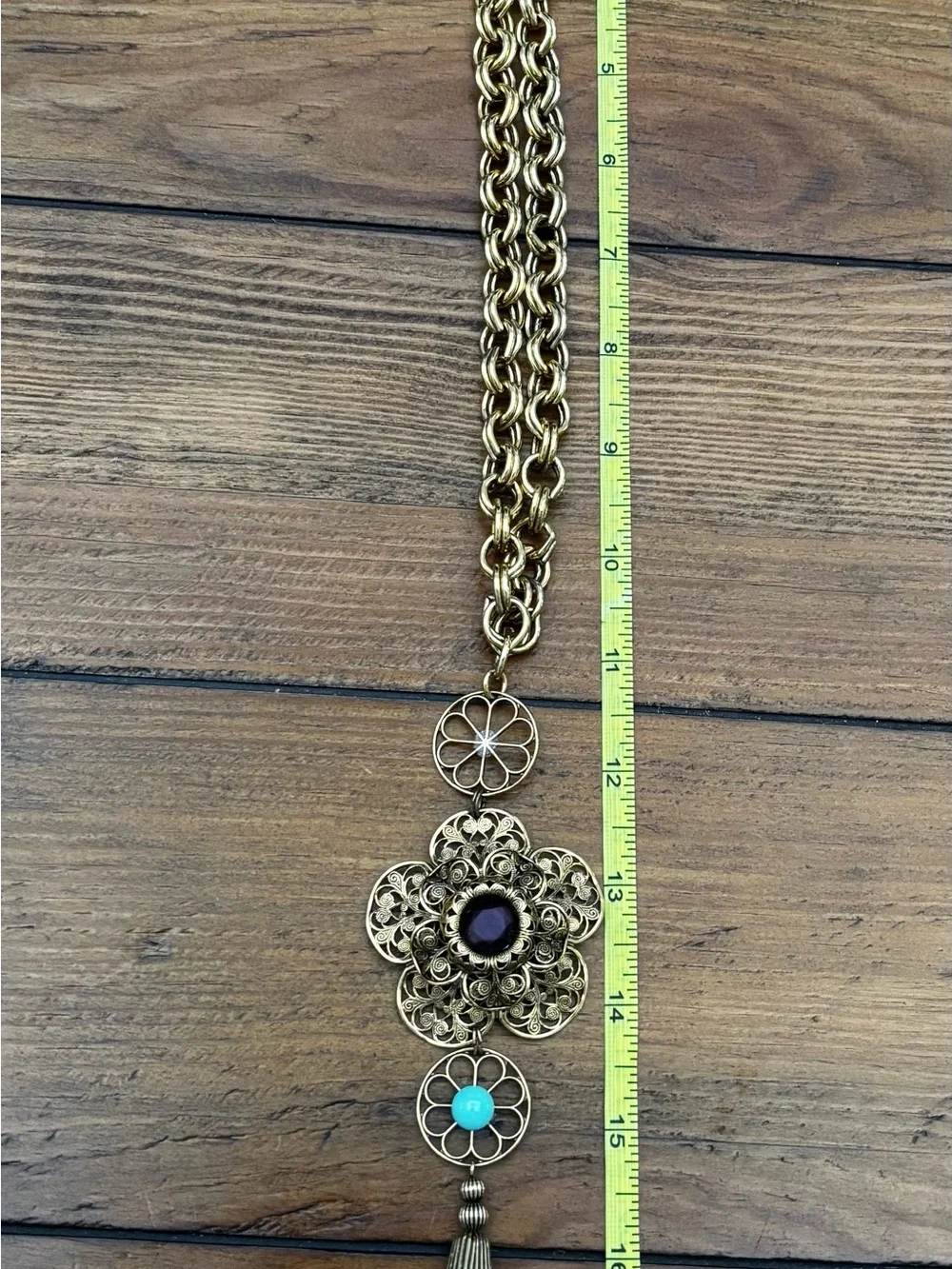 Gold-Tone Floral Filigree Pendant Necklace with Purple and Blue Accents